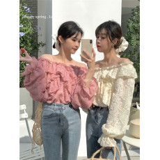 批发设计感荷叶边一字肩上衣女春夏2025新款宽松小众显瘦<b class='q'>长袖</b>衬衫