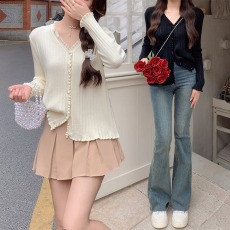 实拍~大码胖mm韩版上衣女大码巨显瘦v领独特t恤木耳边针织衫开衫