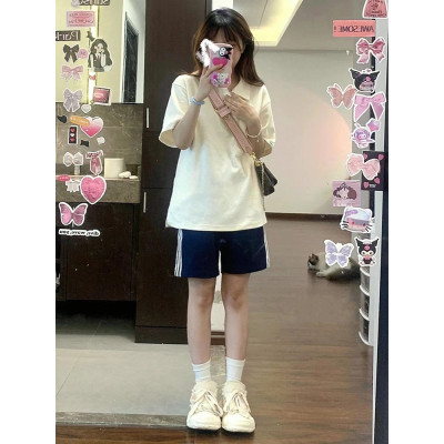 OOTD盐系运动套装女夏季学生休闲校园风宽松polo衫短袖短裤两件套