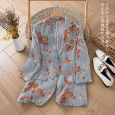 批发休闲秋季薄款一粒扣女<b class='q'>小西装</b>外套印花<b class='q'>七分袖</b>气质棉麻西服