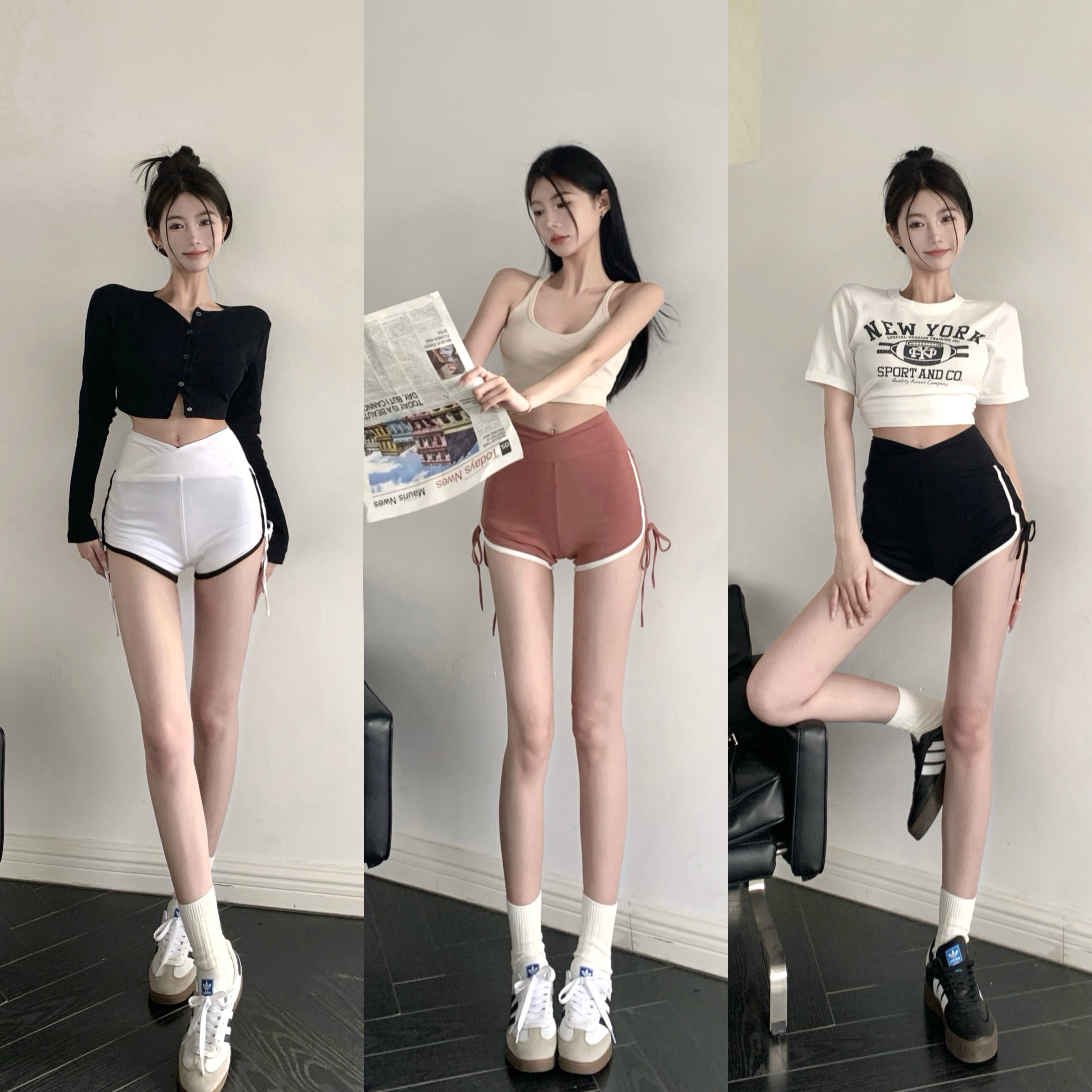 Real shot~High-waisted, tight-fitting butt-covering sports shorts for female summer hotties, sexy drawstring fitness yoga hot pants