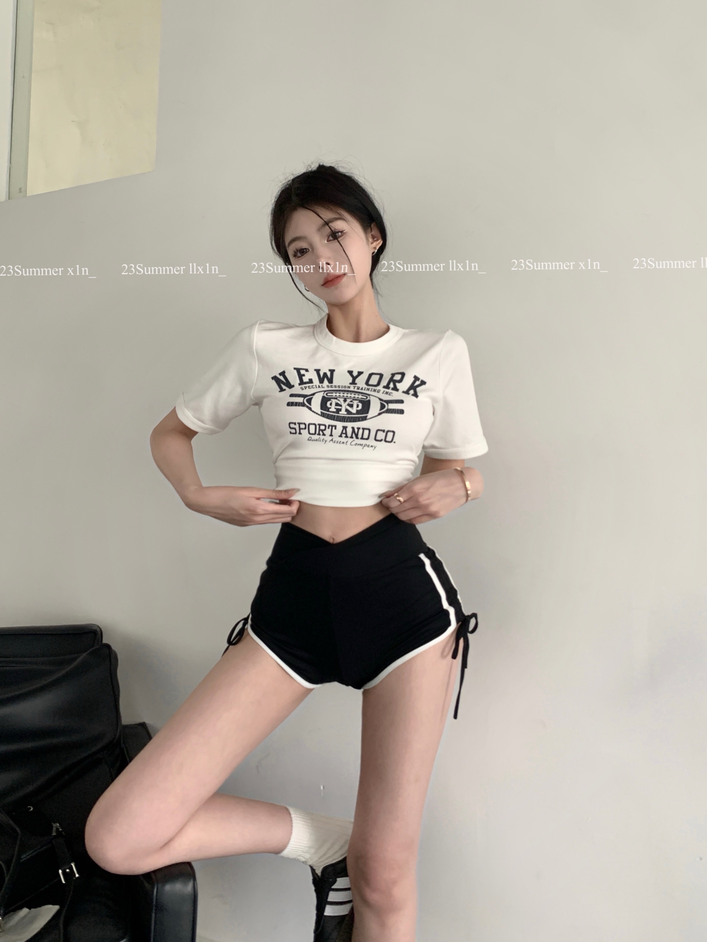 實拍~高腰緊身包臀運動超短褲女夏辣妹性感抽繩健身瑜伽熱褲
