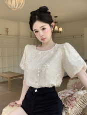 实拍实价~夏季新款亮片上衣简约套头衫衬衣甜美泡泡袖短袖T恤女
