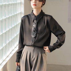 法式翻领白色衬衫女2023春夏气质领带百搭上衣