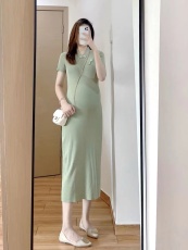 2023夏季韩版新款宽松冰丝针织短袖中长款连衣裙旗袍风孕妇装长裙