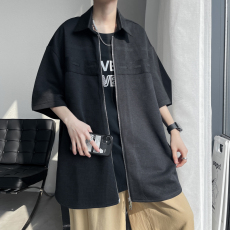 批发7XL-M 美式垂感短袖衬衫男夏季新款ins潮牌肌理感开衫衬衣加大码