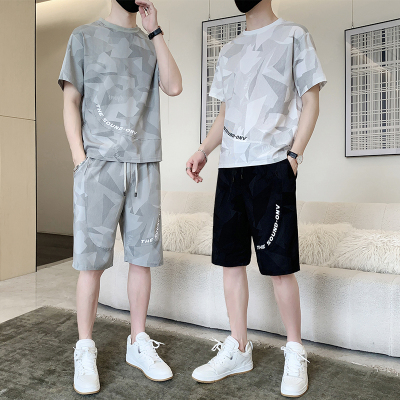 2023夏季新款冰丝印花短袖五分短裤套装男T恤运动男士两件套