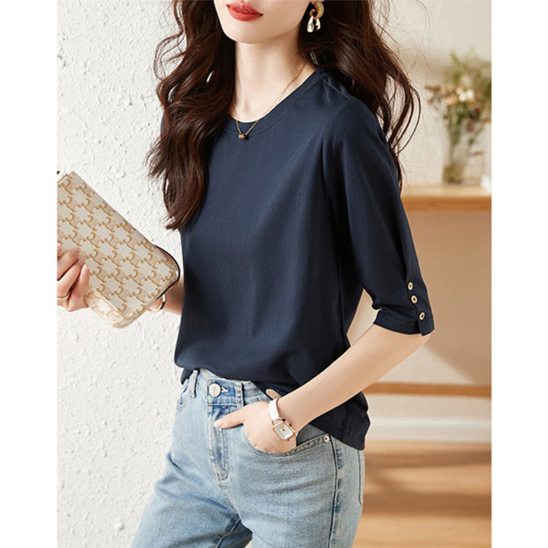 버튼 디자인 5 점 소매 티셔츠 여름 패션 버튼 디자인 5 점 소매 티셔츠