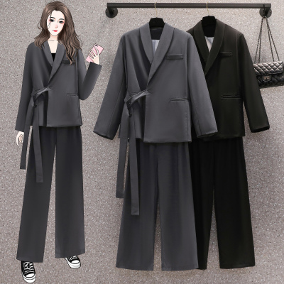 实拍2023春季新款高级感两件套装女微胖mm休闲西装外套加大码女装