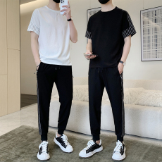批发夏季新款冰丝印花短袖九分长裤套装<b class='q'>男</b>T恤运动<b class='q'>男</b>士两件套装