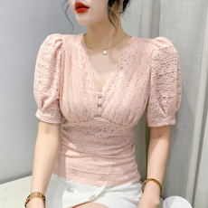 批发2025欧洲站新款品质蕾丝钻饰<b class='q'>短袖</b>上衣百搭洋气泡泡袖小衫上衣女