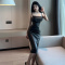 实拍~派对礼服女欧美夜店性感PU皮褶皱吊带包臀连衣裙轮播图4