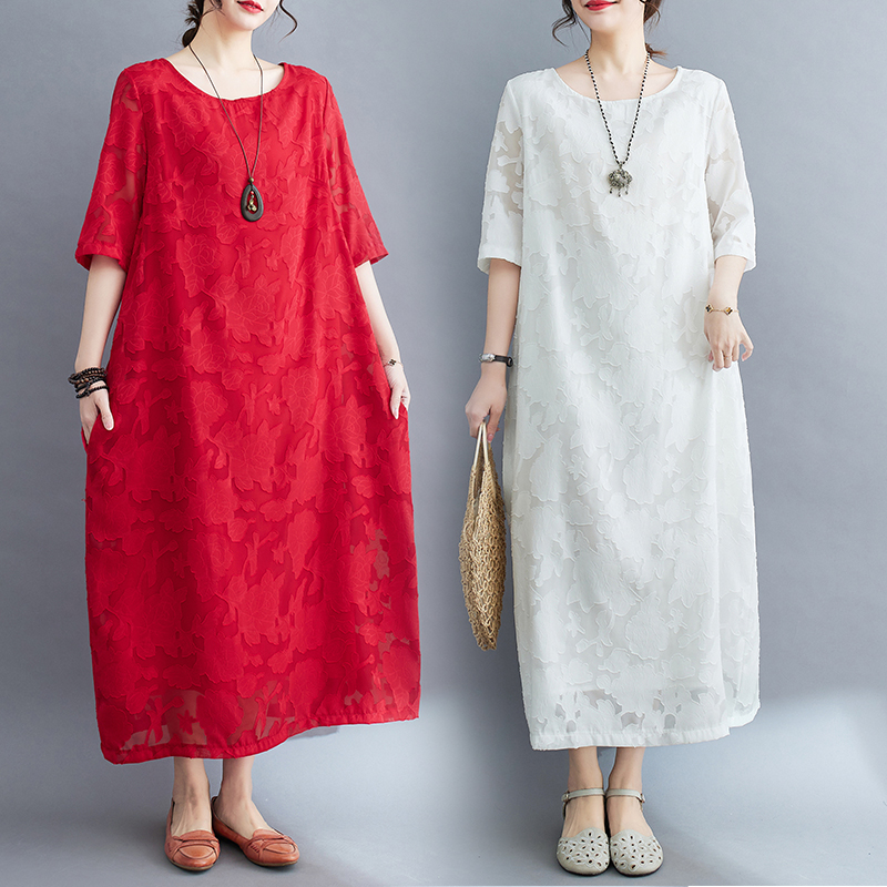MY5611# 夏季新款牡丹花剪花遮肚显瘦禅意连衣裙女大码女裝貨源服裝批發