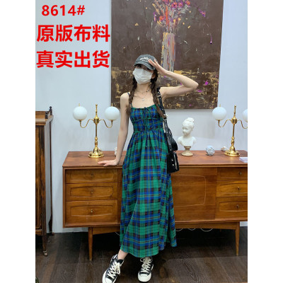 sieyiu 法式复古格子吊带连衣裙设计感度假绑带露背收腰小众长裙