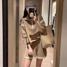 批发盐系休闲套装女夏季潮流新款拉链撞色翻领运动短裤学生宽松两件套