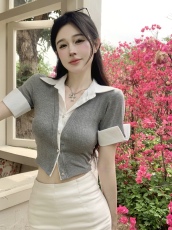 实价实拍~设计感拼色装饰短款衬衫假两件针织开衫短袖修身上衣女
