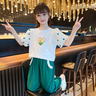 女童夏季套装2023新款韩版中大童时髦洋气小女孩休闲泡泡袖两件套