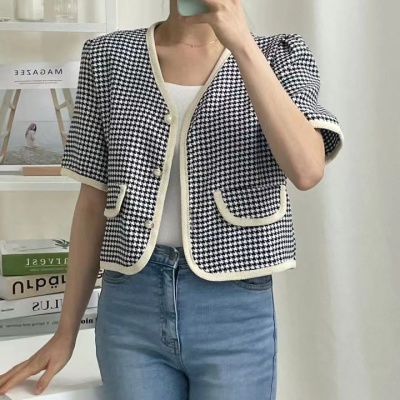 韩版小香风V领短袖衬衫女千鸟格法式别致上衣