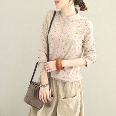 批发小碎花长袖T恤女士2026春季新款宽松<b class='q'>复古</b>套头打底衫休闲立领上衣