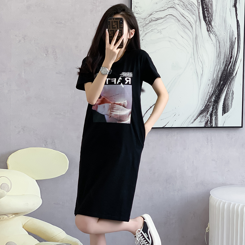 MY7240# 实拍中长款T恤裙印花开叉大码连衣裙女