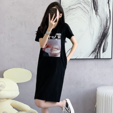 715#实拍中长款T恤裙印花开叉大码连衣裙女