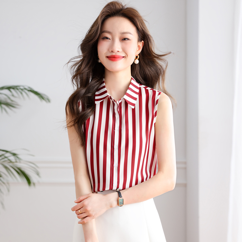 실사 2026 여름 고급 쉬폰 여성 스트라이프 조끼 셔츠 칼라 민소매 루즈핏 맨위