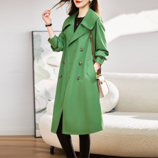 批发绿色气质大翻领中长款<b class='q'>风衣</b>外套女春秋2026新款修身显瘦双排扣休闲