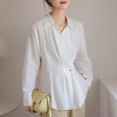 法式V领白色衬衫女2023春夏新款高级感气质收腰上衣
