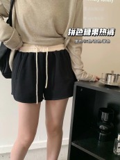实拍2023拼色薄款懒人居家遛弯休闲短裤女高腰显瘦抽绳运动裤