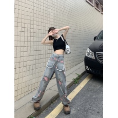 批发实拍   大码女装新款胖妹妹印花牛仔裤胖mm宽松显瘦裤子