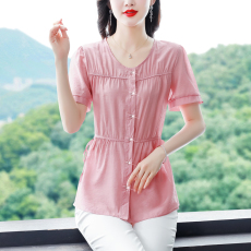 实拍有现货2023夏季新款中长款宽松系带棉麻上衣短袖妈妈装遮肚子