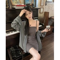 批发大码女装纯 韩版条纹衬衫+修身抹胸包臀连衣裙时尚两件套