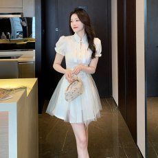 实拍 现货 杉与浔记 白色旗袍短裙流苏网纱短袖连衣裙女夏季新款