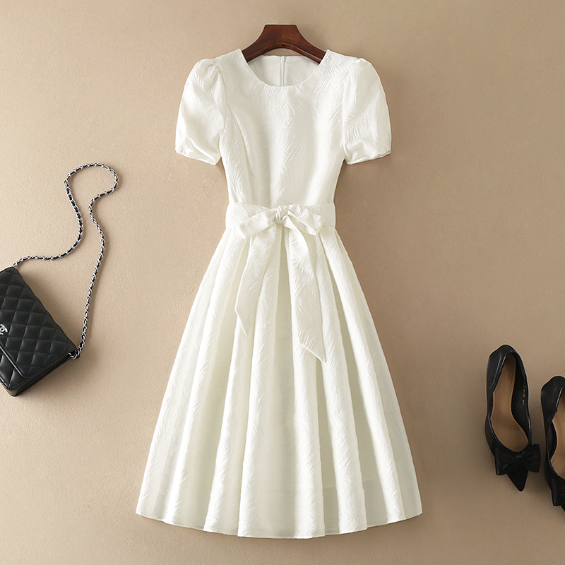 RY2653#夏新款连衣裙女装设计感欧美气质甜美白色简约圆领收腰中长款