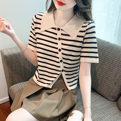 2023夏季新款韩版时尚设计感娃娃领针织衫不规则条纹短袖T恤上衣