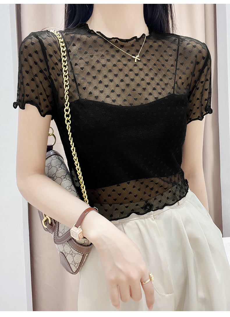 小爱心蕾丝打底衫女网纱上衣吊带裙内搭短袖纱衣透视薄纱罩衫短款