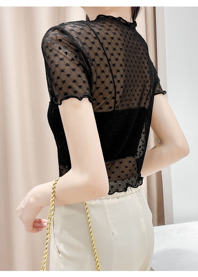 小爱心蕾丝打底衫女网纱上衣吊带裙内搭短袖纱衣透视薄纱罩衫短款