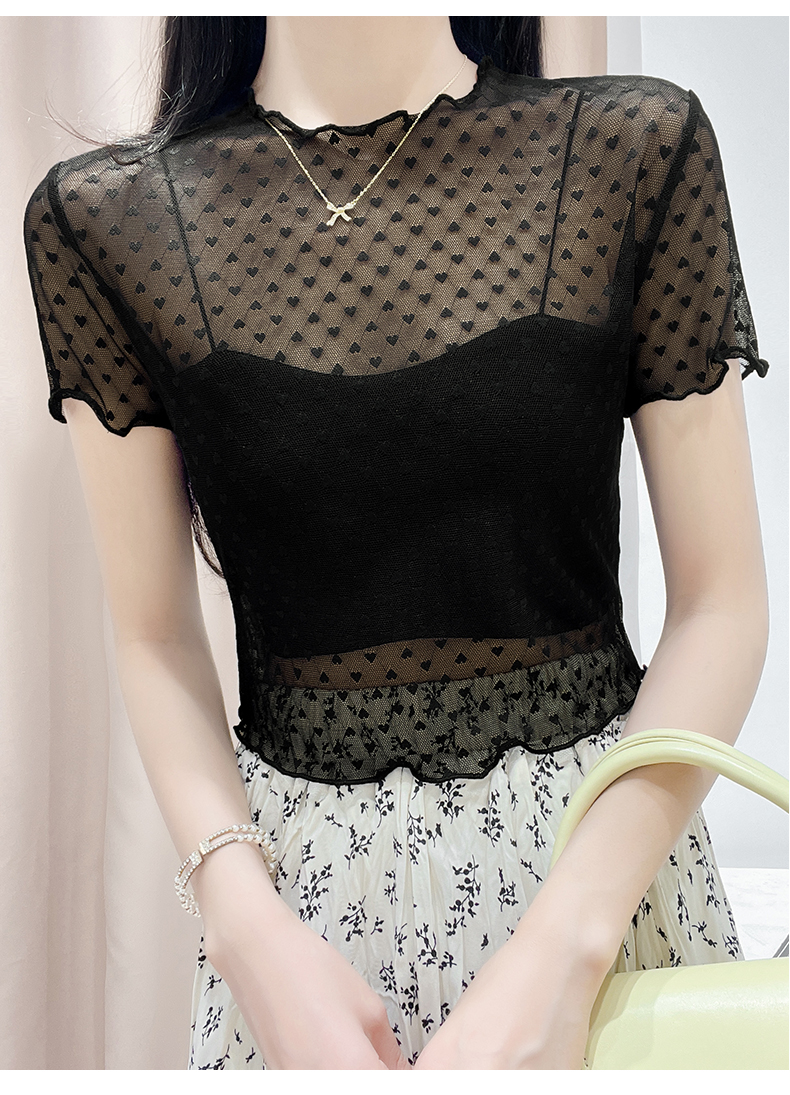 小爱心蕾丝打底衫女网纱上衣吊带裙内搭短袖纱衣透视薄纱罩衫短款