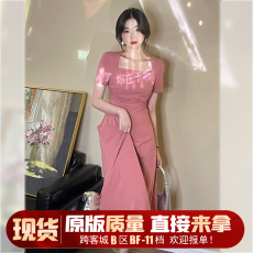 2023新款粉色方领茶歇法式连衣裙子女夏季收腰褶皱高级感气质长裙