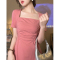 2023新款粉色方领茶歇法式连衣裙子女夏季收腰褶皱高级感气质长裙轮播图3