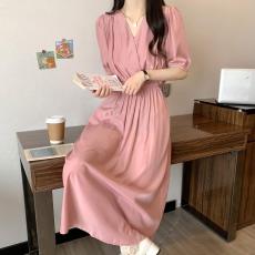 实拍现货夏季新款2023大码女装温柔欧尼少女感V领A字显瘦连衣裙
