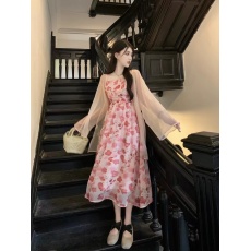 批发大码~夏季新款晕染碎花高腰裹胸吊带连衣裙+轻薄防晒罩衫