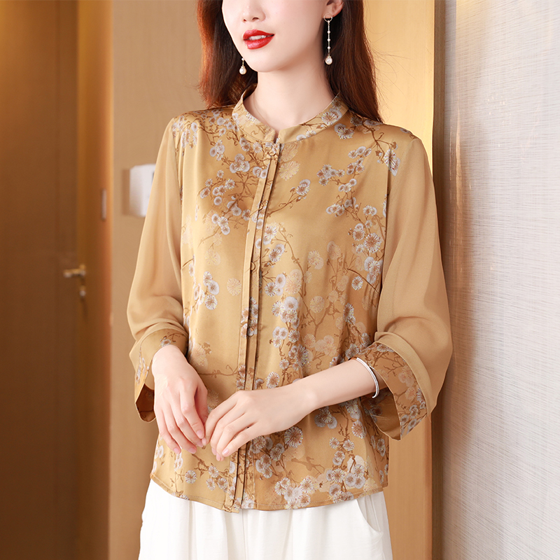 MY2242# 真丝香云纱衬衫女夏装减龄打底小衬复古印花修身七分袖上衣女裝貨源服裝批發