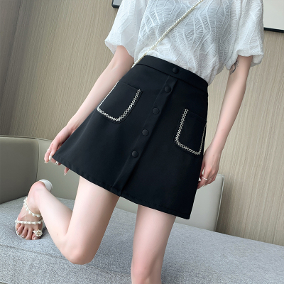 实拍#2023夏季新款西装口袋显瘦高腰半身裙胖mm刺绣百搭裙子女