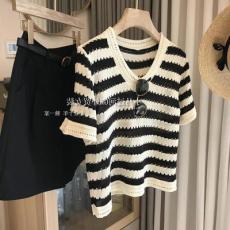 清仓捡漏一线品牌专柜商场撤回剪标女装缕空条纹针织上衣短袖夏季