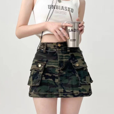 欧货美式迷彩工装半身裙女夏高腰多口袋辣妹包臀防走光a字短裙子