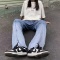 渐变色复古高腰直筒开叉牛仔裤女夏街头宽松休闲阔腿裤子潮流新款轮播图3