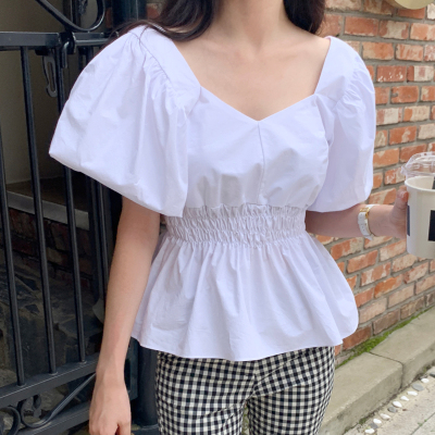 韩国夏季新款泡泡袖性感方领收腰显瘦松紧带衬衣女