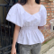 韩国夏季新款泡泡袖性感方领收腰显瘦松紧带衬衣女轮播图1