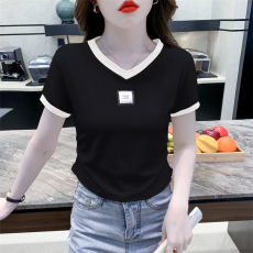 实拍v领短袖棉t恤2023夏季新款修身显瘦抽褶设计感短款上衣